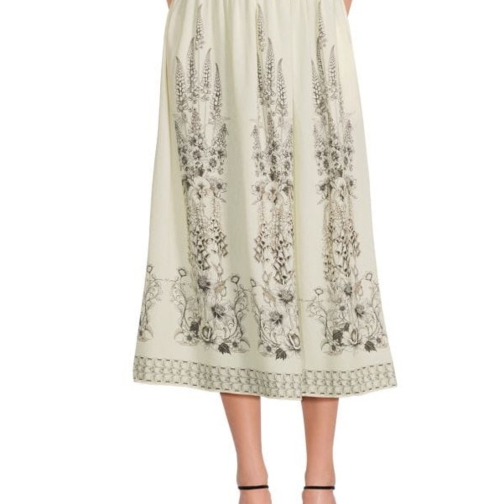 Floral Border-Print Elastic Waist Midi Skirt